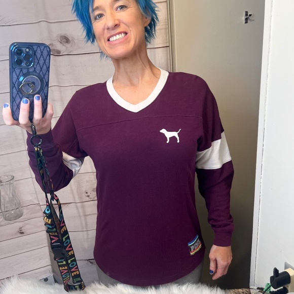 |•PINK•| Victoria's Secret PINK Maroon LOVE PINK Back Long Sleeve Sz XS (Small) - Picture 2 of 15